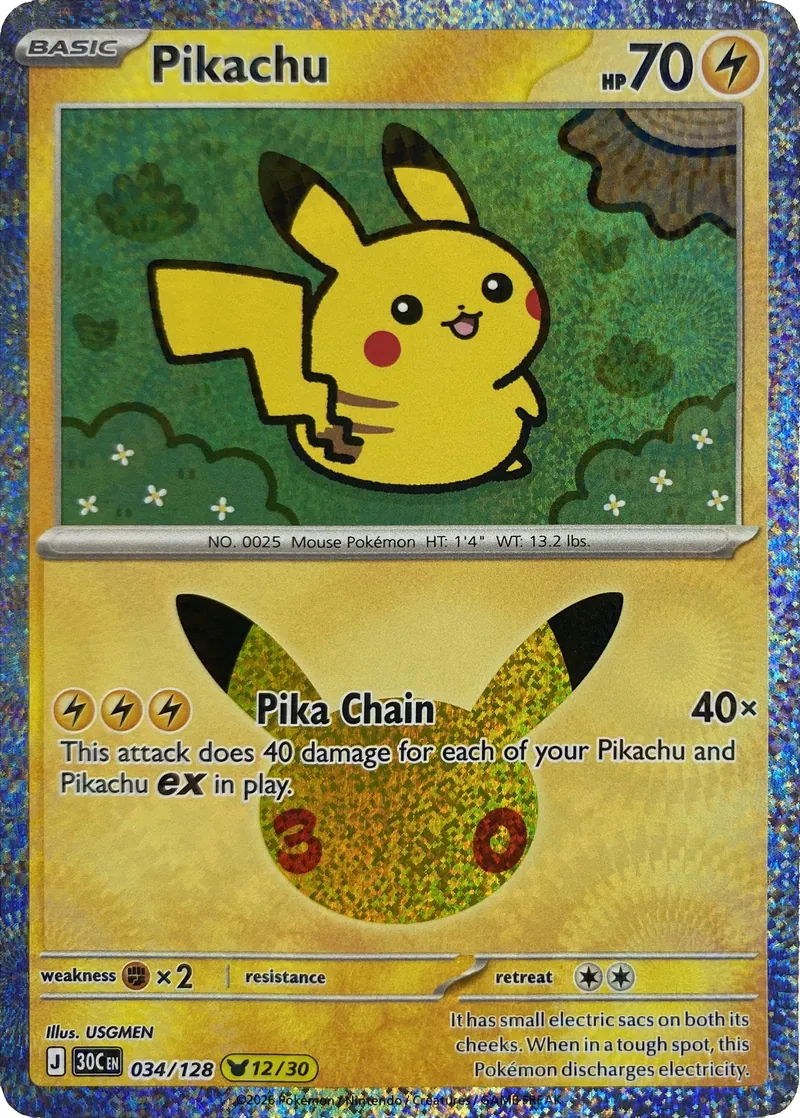 2026 Pokemon 30th Celebration Pikachu #034/128 Pika Chain front