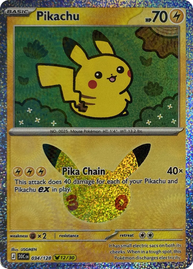 2026 Pokemon 30th Celebration Pikachu #034/128 Pika Chain front