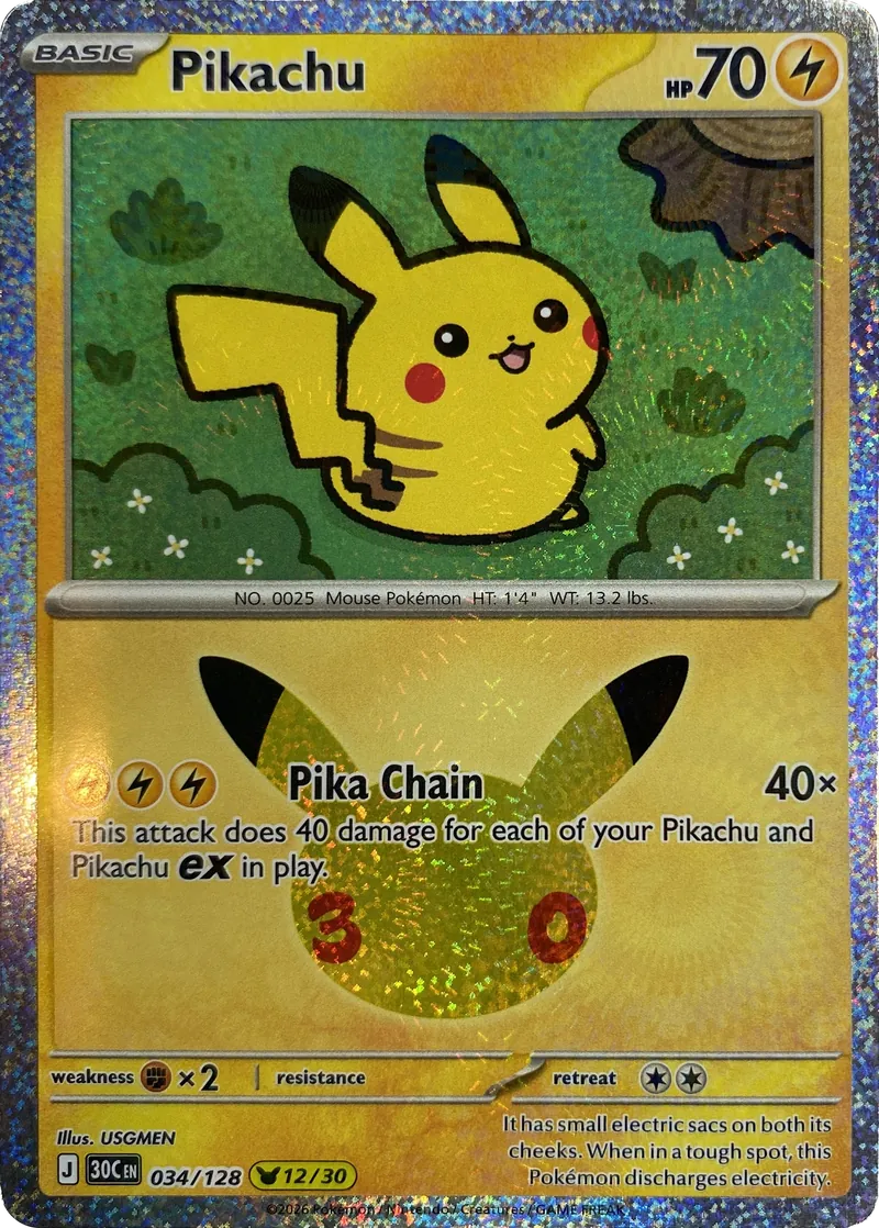 2026 Pokemon 30th Celebration Pikachu #034/128 Pika Chain front