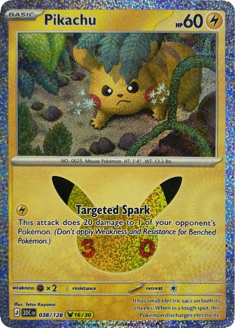 2026 Pokemon 30th Celebration Pikachu #038/128 Targeted Spark front