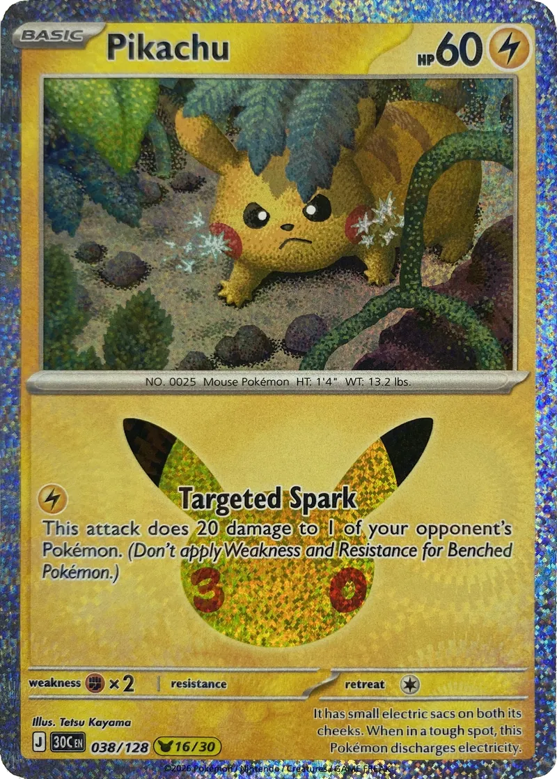 2026 Pokemon 30th Celebration Pikachu #038/128 Targeted Spark front