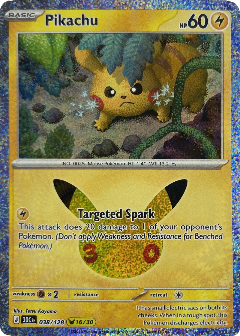 2026 Pokemon 30th Celebration Pikachu #038/128 Targeted Spark front