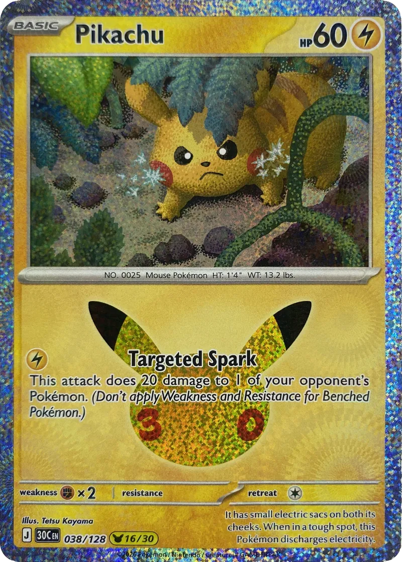 2026 Pokemon 30th Celebration Pikachu #038/128 Targeted Spark front
