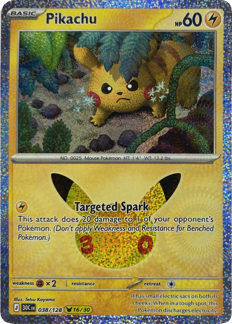 2026 Pokemon 30th Celebration Pikachu #038/128 Targeted Spark front