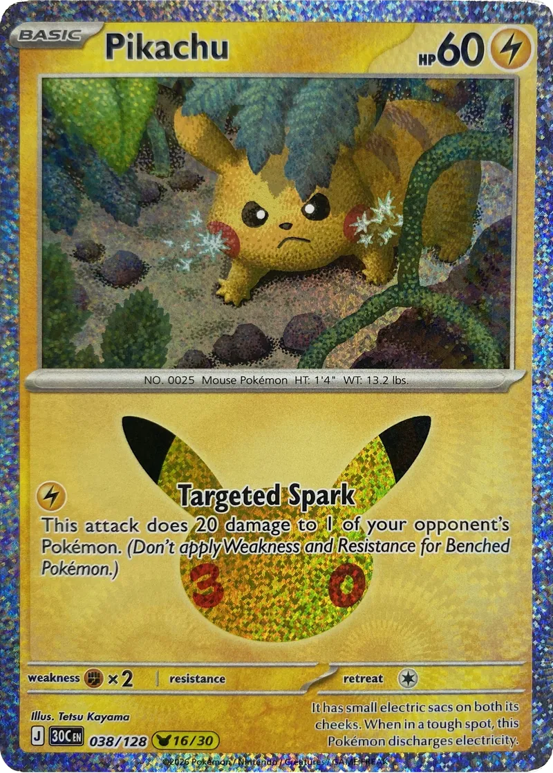 2026 Pokemon 30th Celebration Pikachu #038/128 Targeted Spark front