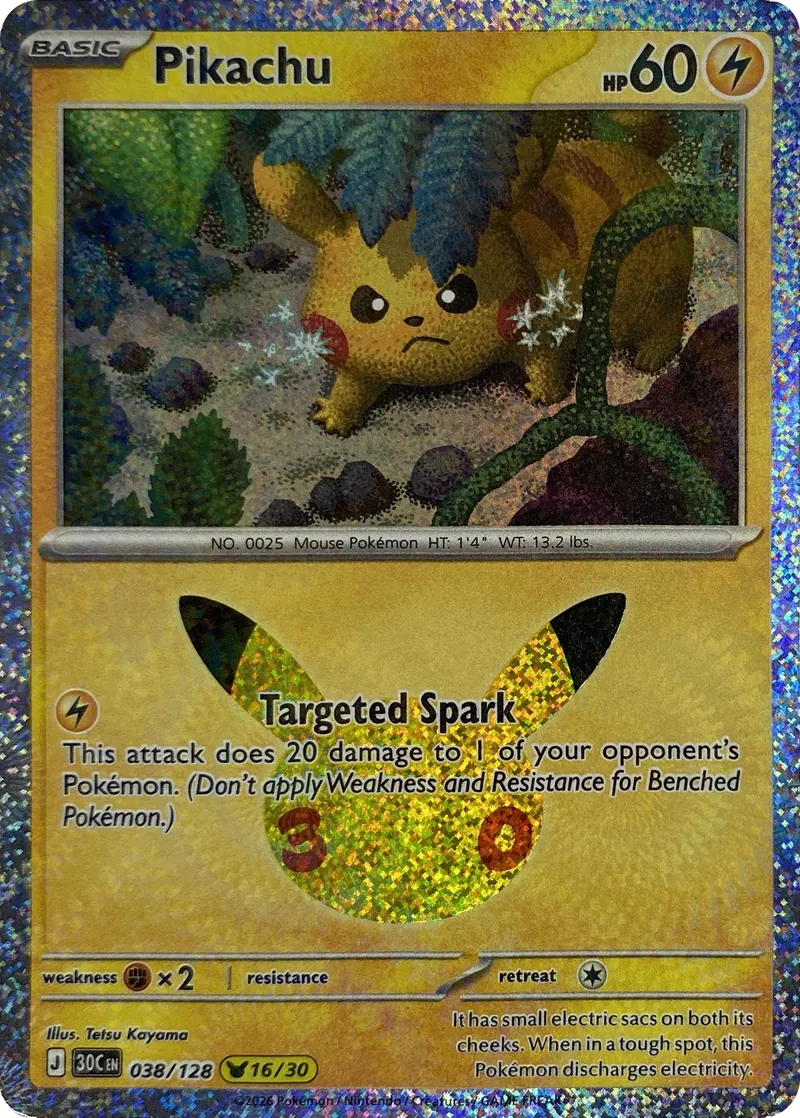 2026 Pokemon 30th Celebration Pikachu #038/128 Targeted Spark front