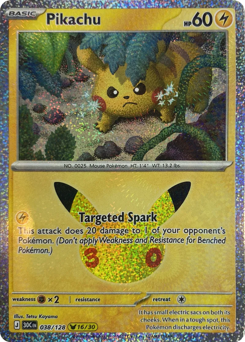 2026 Pokemon 30th Celebration Pikachu #038/128 Targeted Spark front