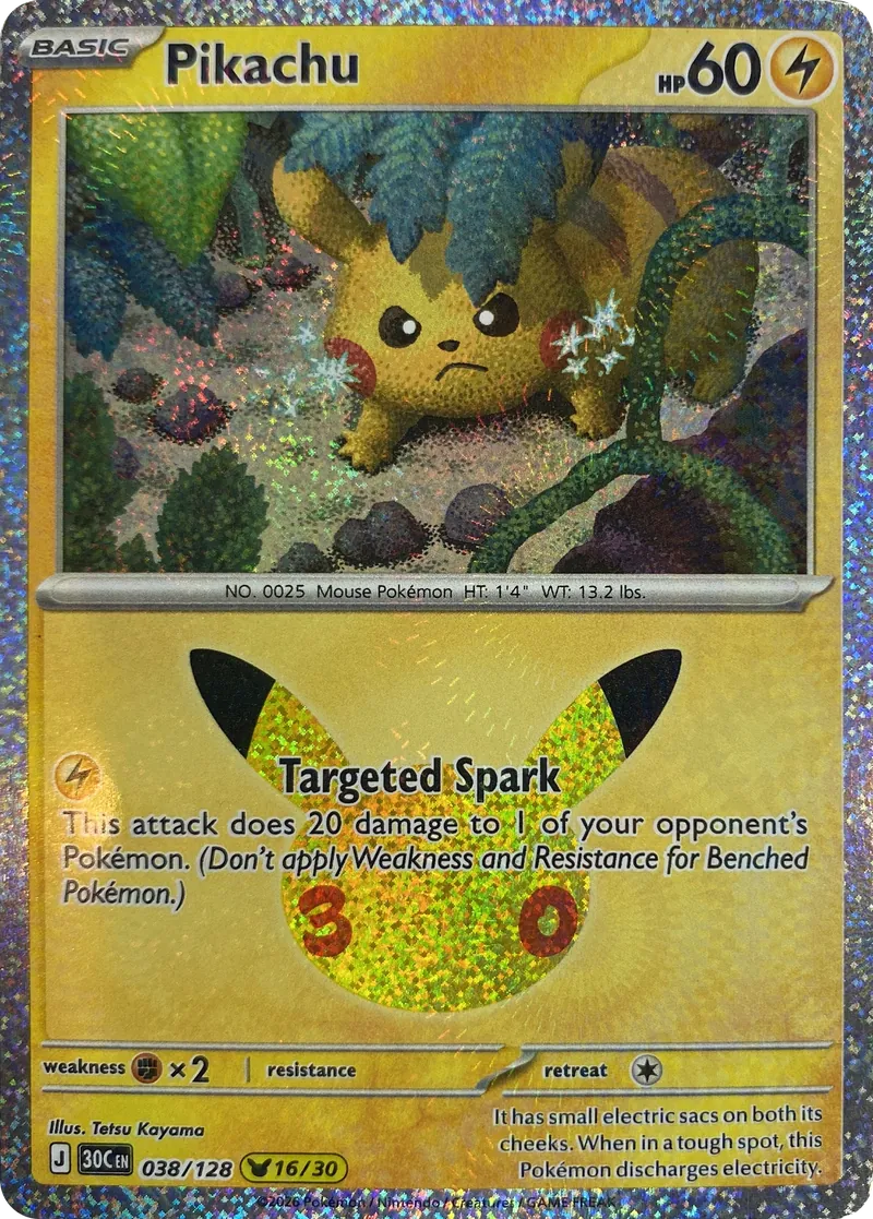 2026 Pokemon 30th Celebration Pikachu #038/128 Targeted Spark front
