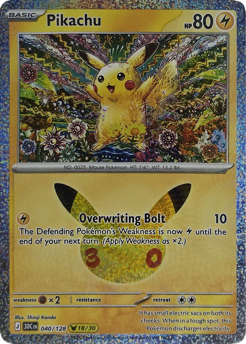 2026 Pokemon 30th Celebration Pikachu #040/128 Overwriting Bolt front