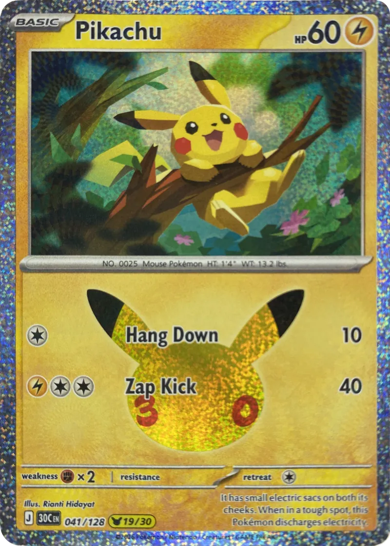 2026 Pokemon 30th Celebration Pikachu #041/128 Hang Down front