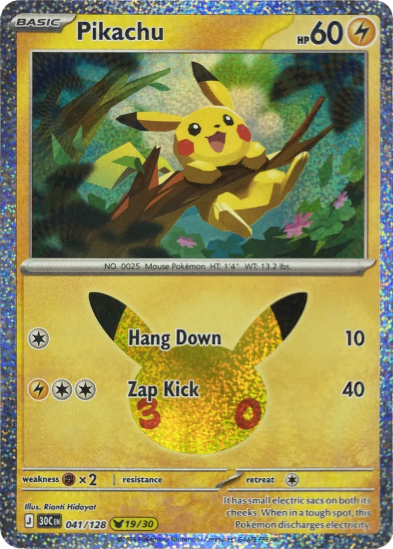 2026 Pokemon 30th Celebration Pikachu #041/128 Hang Down front