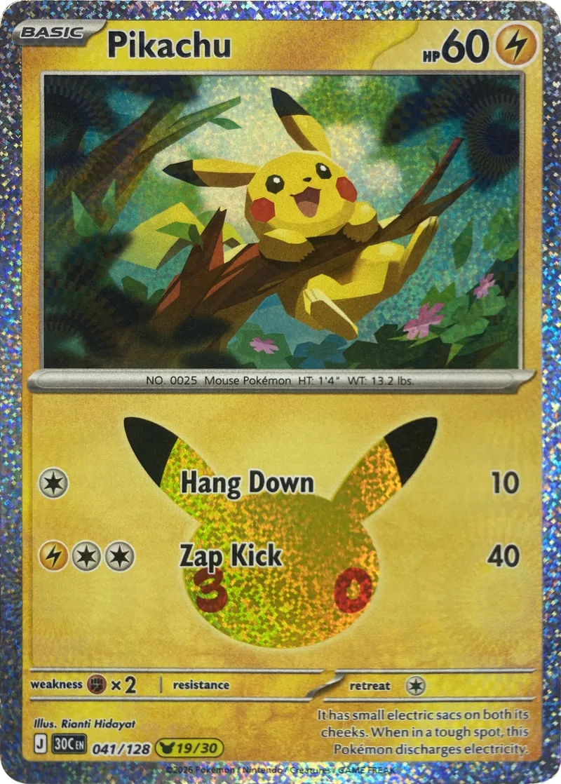 2026 Pokemon 30th Celebration Pikachu #041/128 Hang Down front