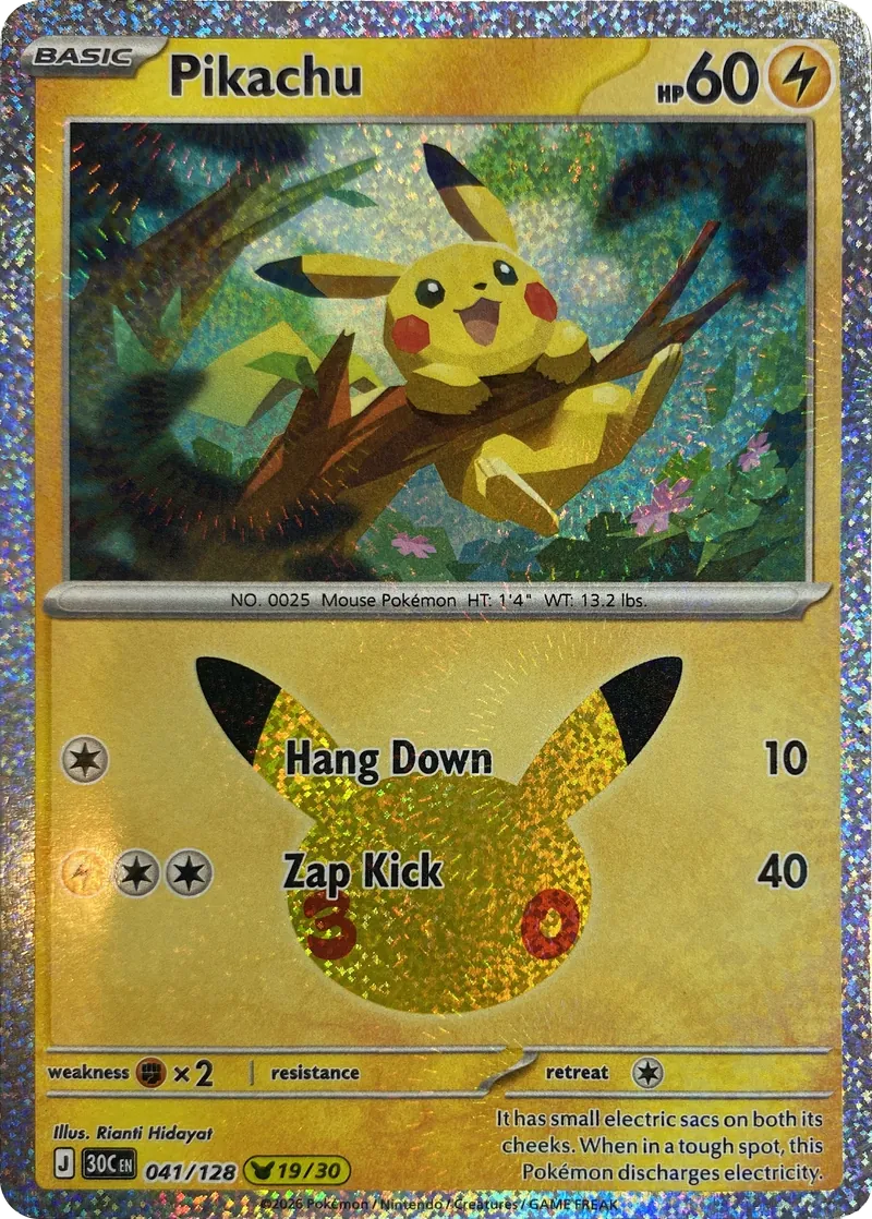 2026 Pokemon 30th Celebration Pikachu #041/128 Hang Down front