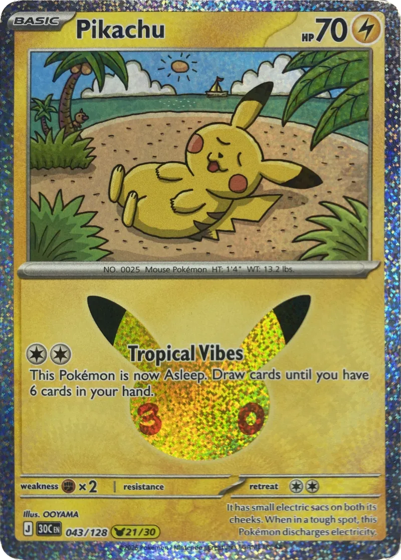 2026 Pokemon 30th Celebration Pikachu #043/128 Tropical Vibes front