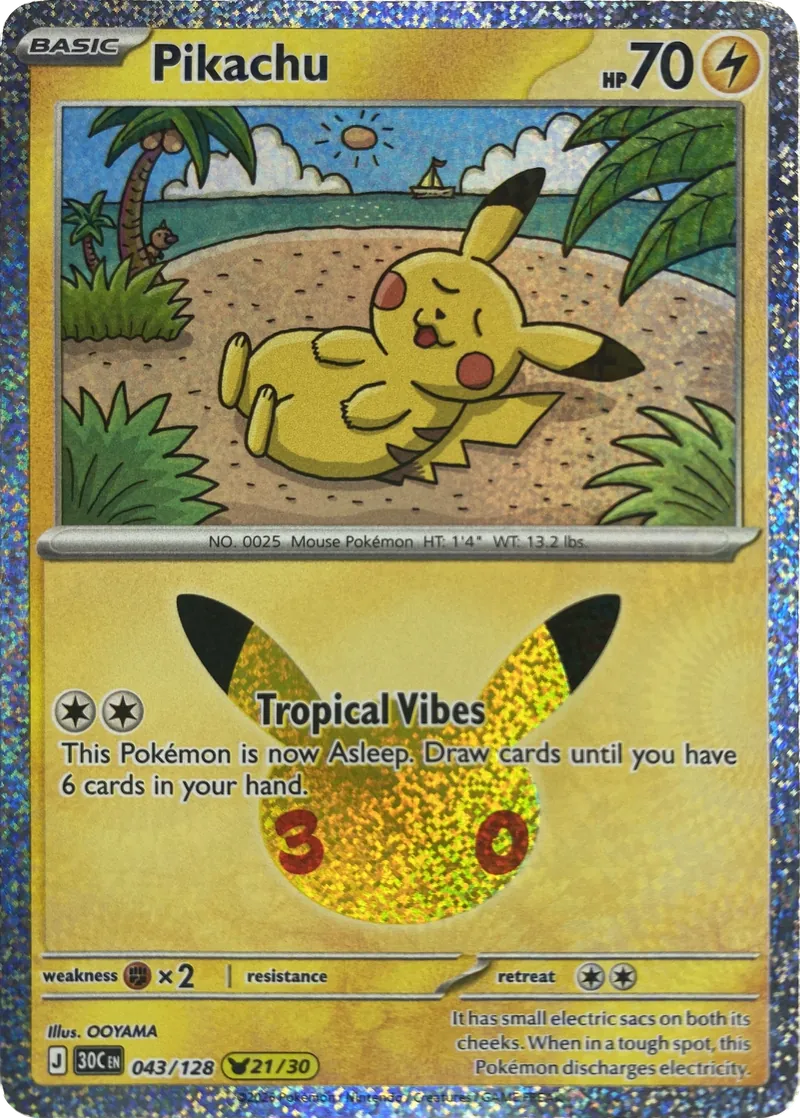 2026 Pokemon 30th Celebration Pikachu #043/128 Tropical Vibes front