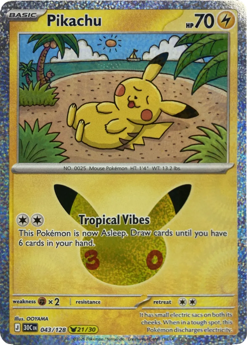 2026 Pokemon 30th Celebration Pikachu #043/128 Tropical Vibes front