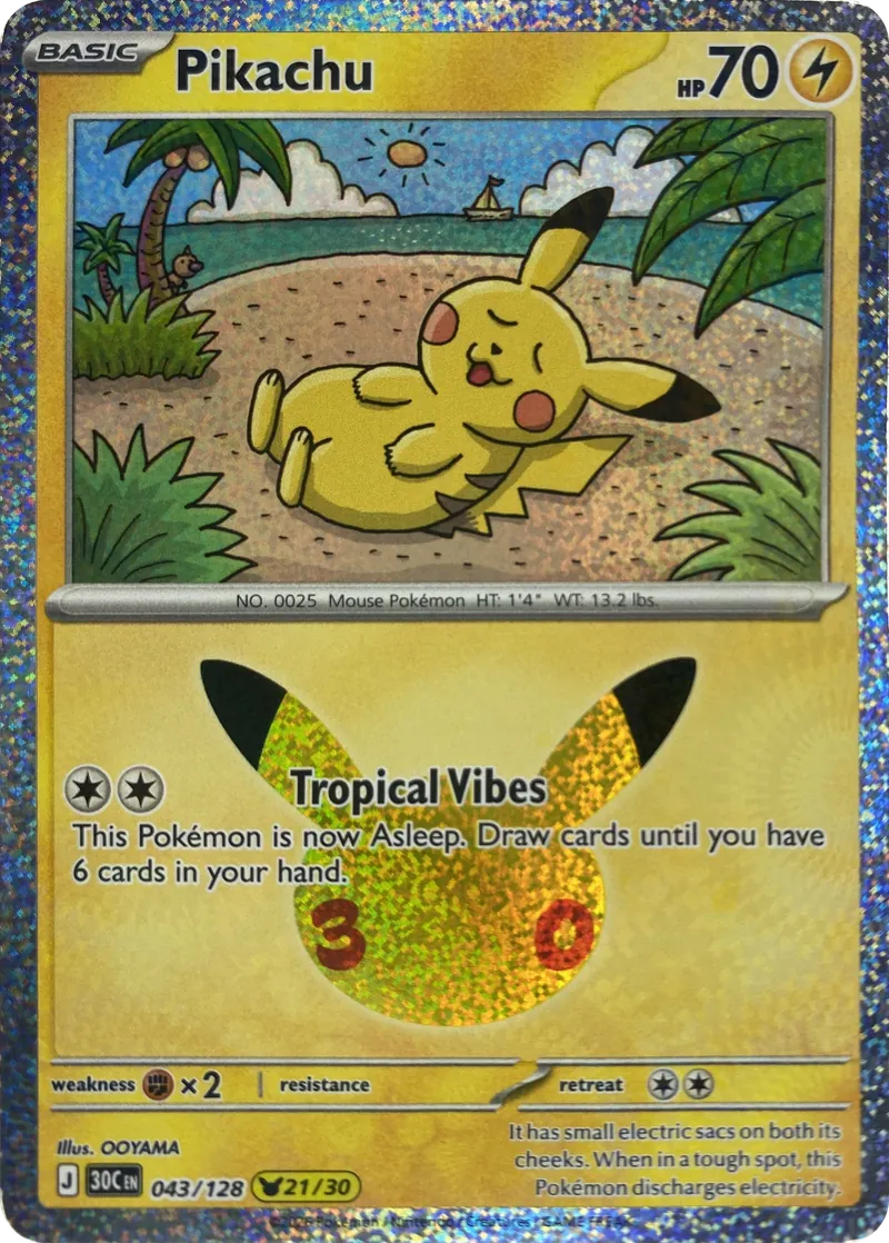 2026 Pokemon 30th Celebration Pikachu #043/128 Tropical Vibes front