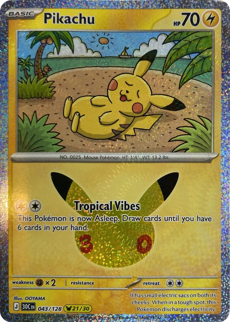 2026 Pokemon 30th Celebration Pikachu #043/128 Tropical Vibes front