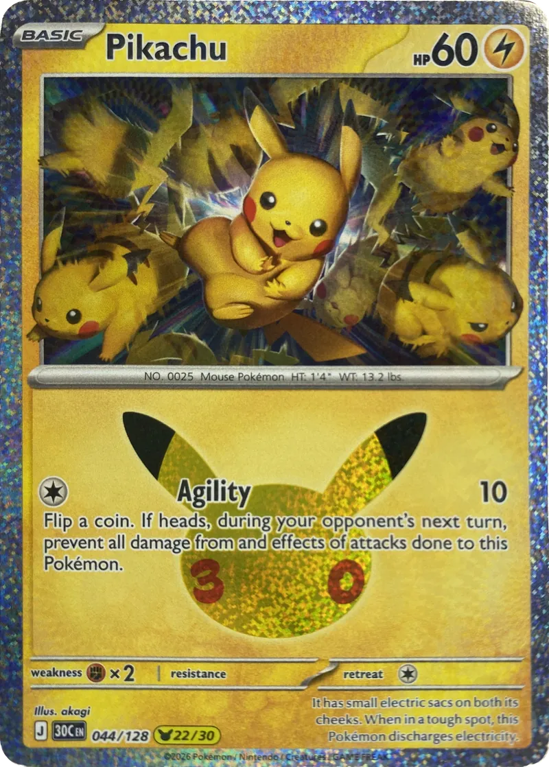 2026 Pokemon 30th Celebration Pikachu #044/128 Pikachu Rare front