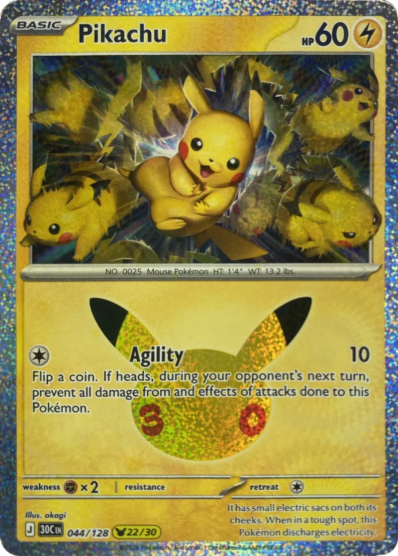 2026 Pokemon 30th Celebration Pikachu #044/128 Pikachu Rare front