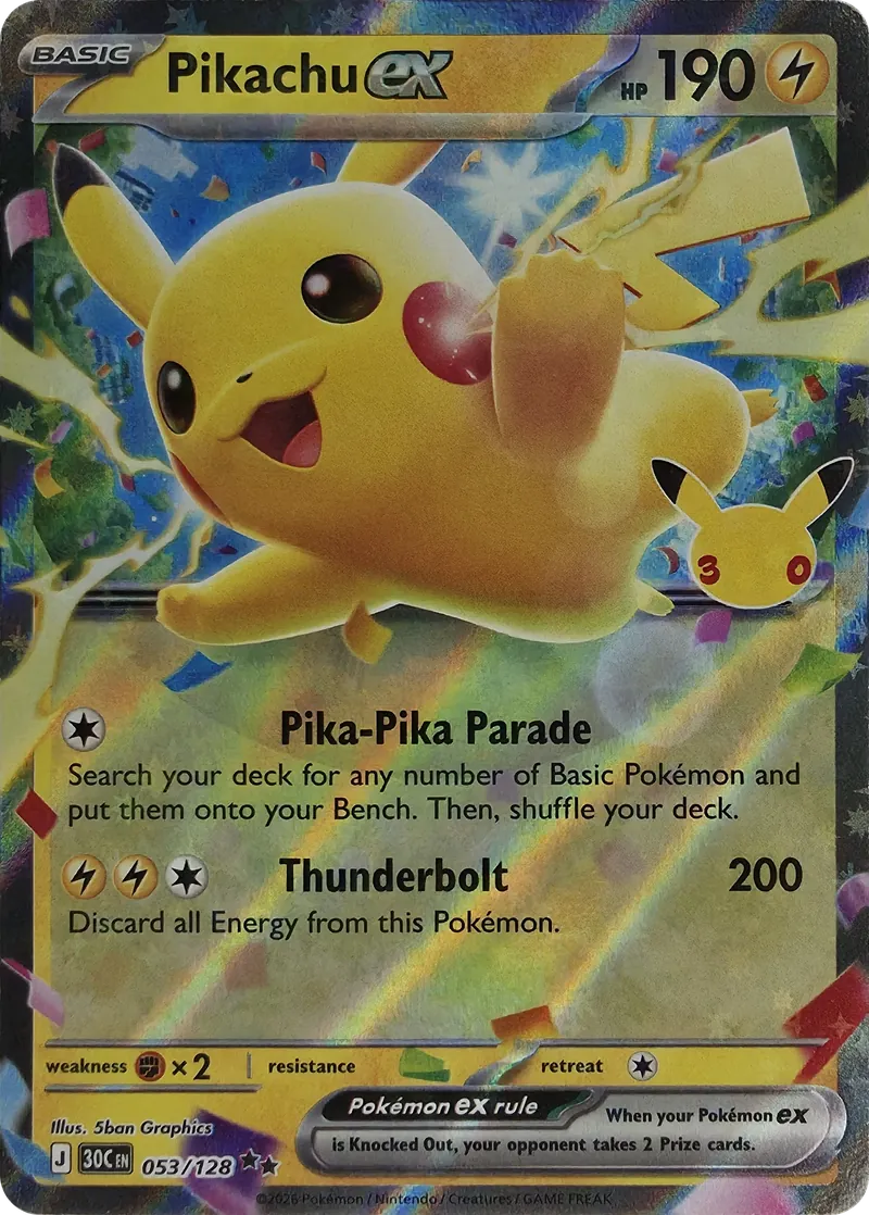 2026 Pokemon 30th Celebration Pikachu ex #053/128 Double Rare Holo front