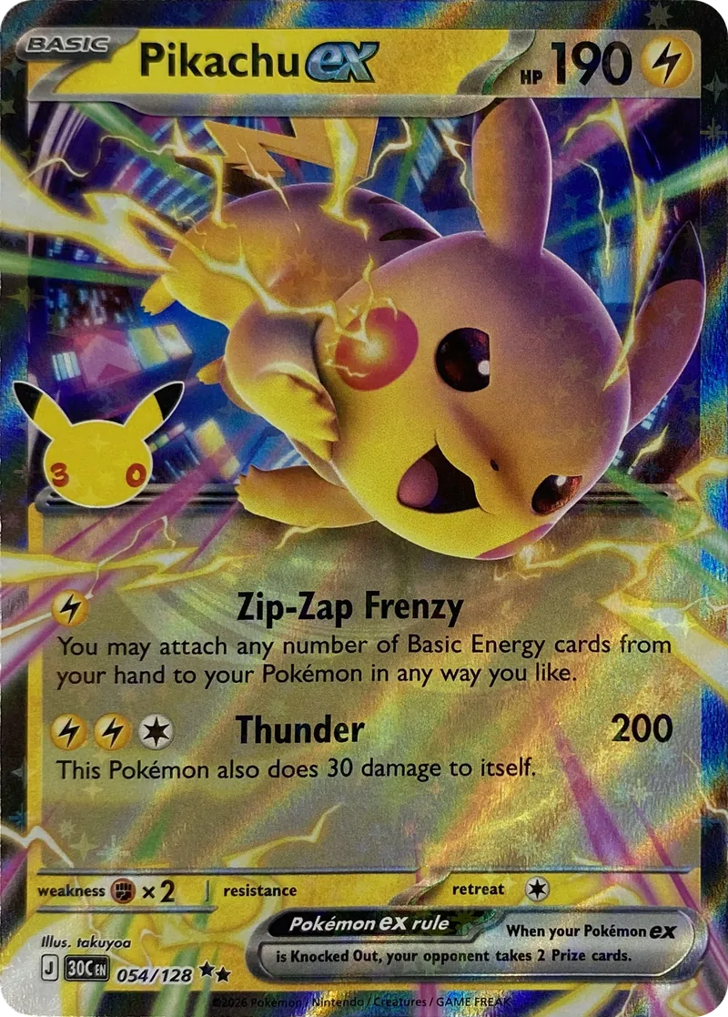 2026 Pokemon 30th Celebration Pikachu ex #054/128 Double Rare front