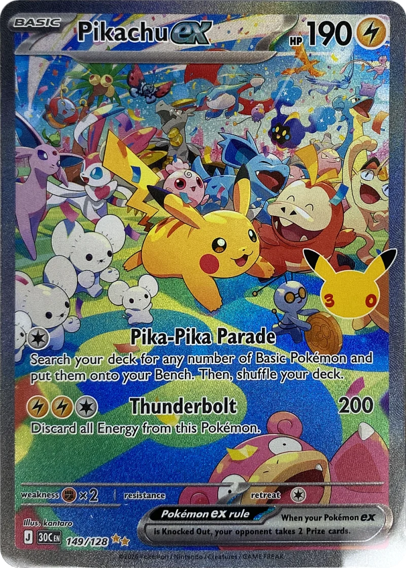 2026 Pokemon 30th Celebration Pikachu ex #149/128 Special Illustration Rare Holo, CGC 10 Gem Mint slab, front