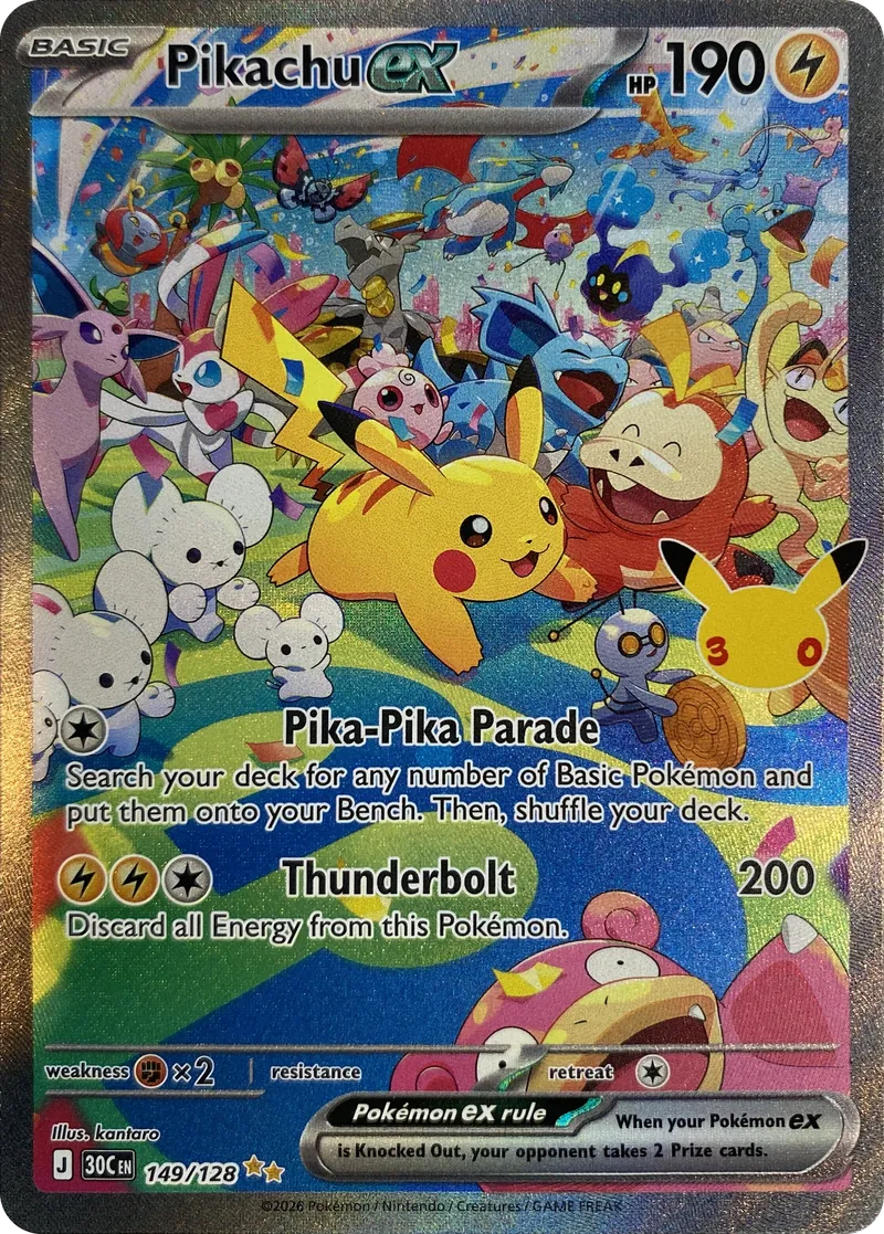 2026 Pokemon 30th Celebration Pikachu ex #149/128 Special Illustration Rare Holo front