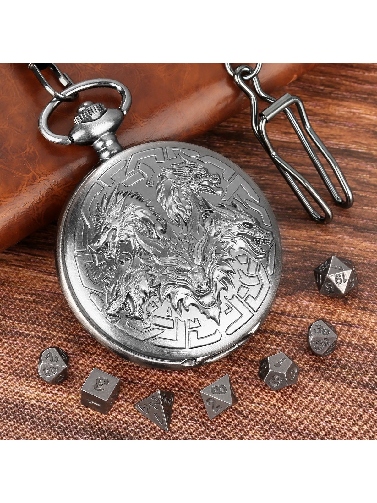 Pocket Watch Dice Case, 7-Piece Metal Polyhedral Set, Chain Included, photo 1