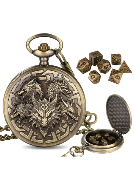 Pocket Watch Dice Case, 7-Piece Metal Polyhedral Set, Chain Included, photo 2