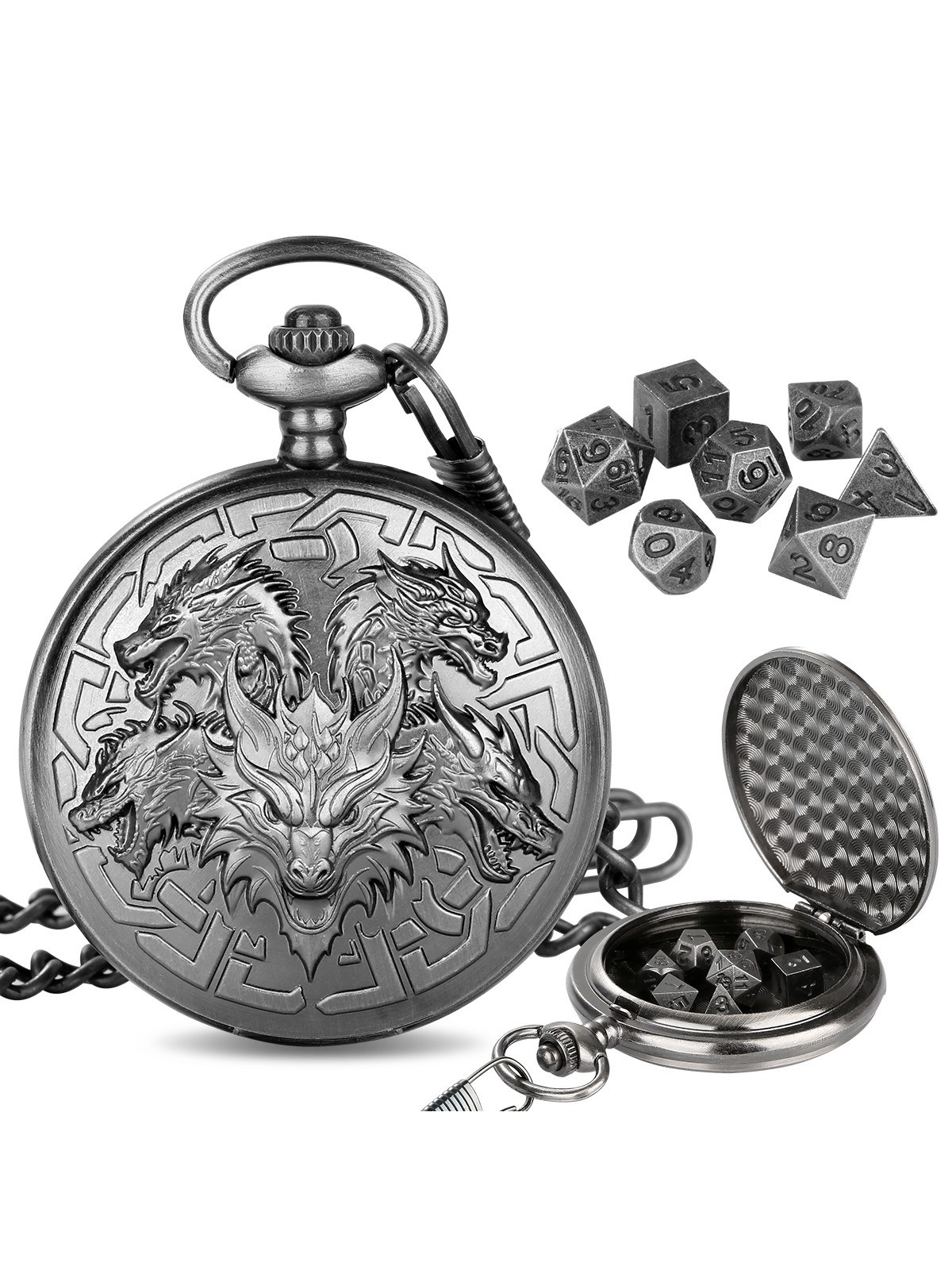 Pocket Watch Dice Case, 7-Piece Metal Polyhedral Set, Chain Included, photo 3