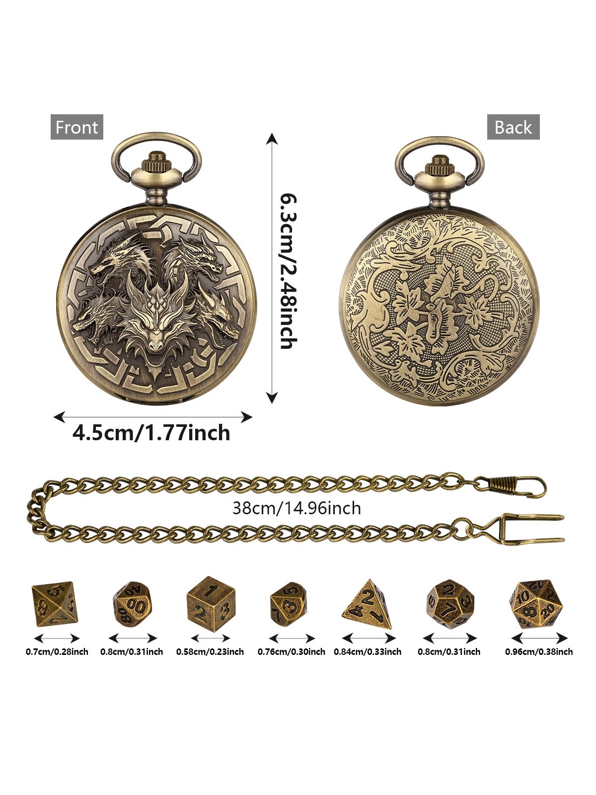 Pocket Watch Dice Case, 7-Piece Metal Polyhedral Set, Chain Included, photo 4