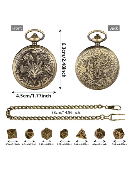 Pocket Watch Dice Case, 7-Piece Metal Polyhedral Set, Chain Included, photo 4