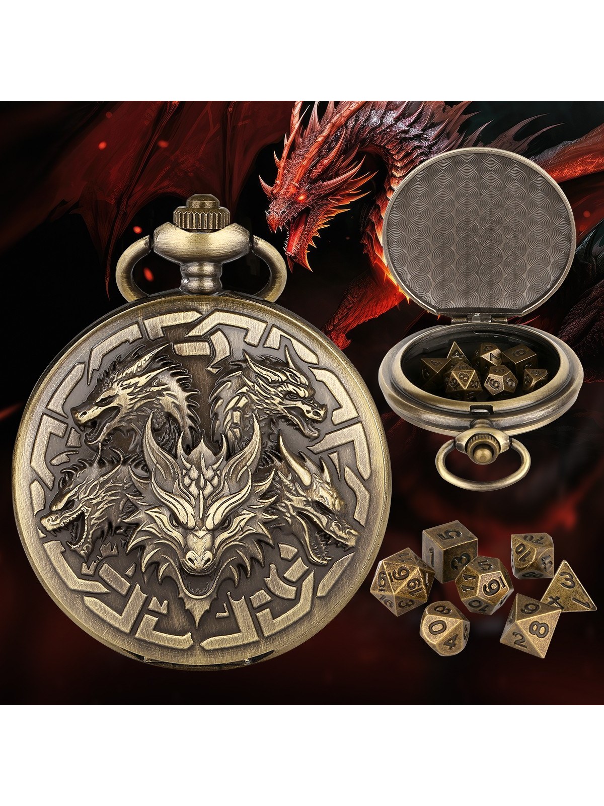 Pocket Watch Dice Case, 7-Piece Metal Polyhedral Set, Chain Included, photo 5