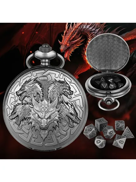 Pocket Watch Dice Case, 7-Piece Metal Polyhedral Set, Chain Included, photo 6