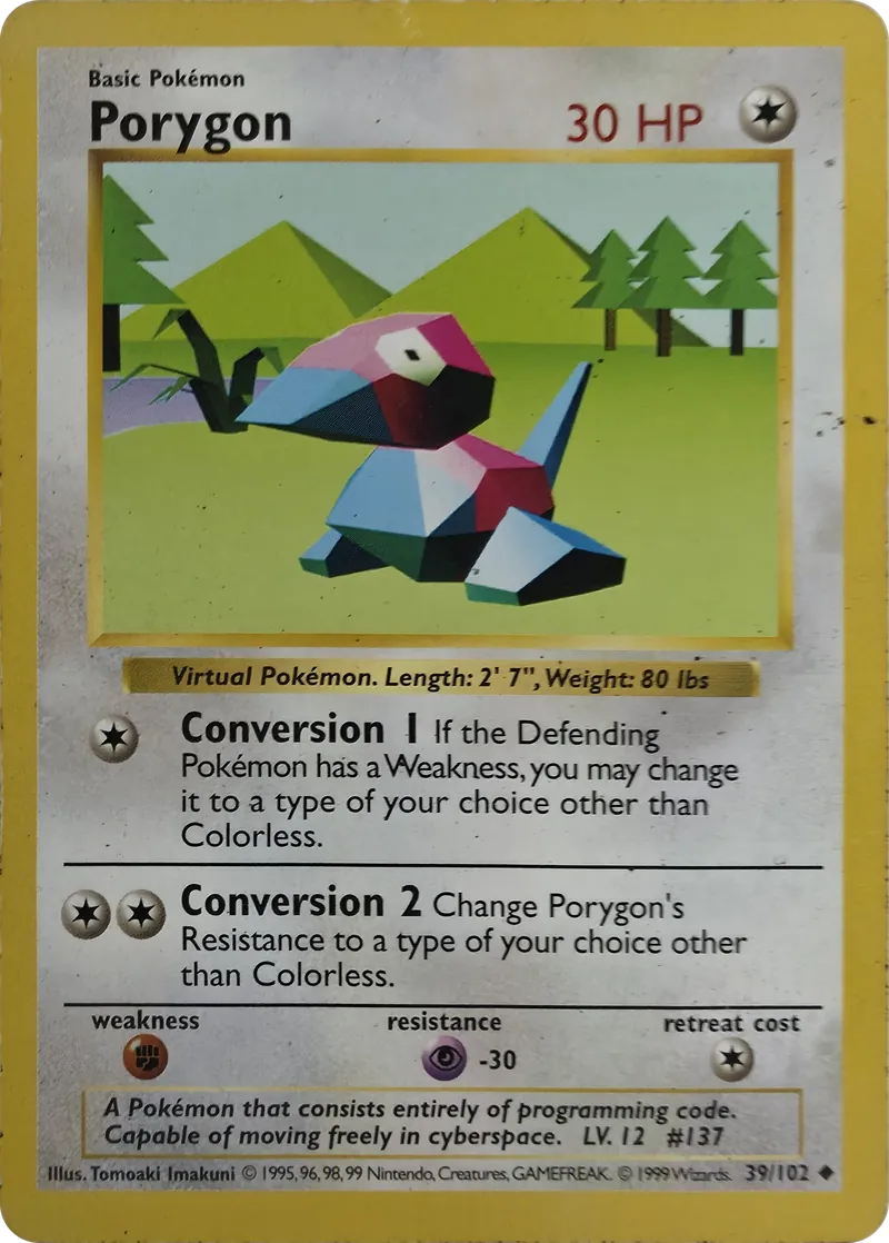 1999 Pokemon Base Set Porygon #39/102 Shadowless Uncommon, front