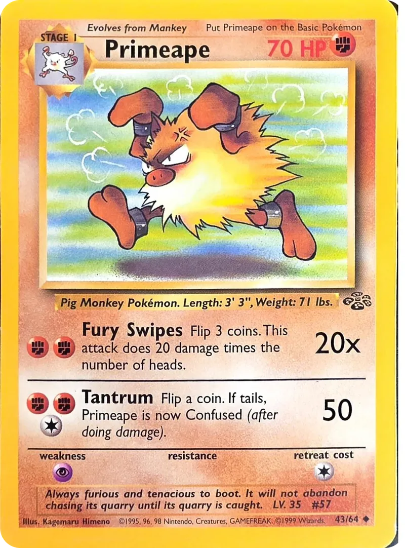 1999 Pokemon Jungle Primeape #43/64 Unlimited Uncommon, front