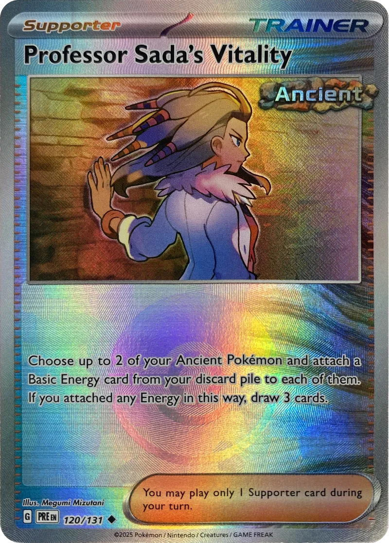 2025 Pokemon Prismatic Evolutions Professor Sada's Vitality #120/131 Reverse Holo Uncommon front
