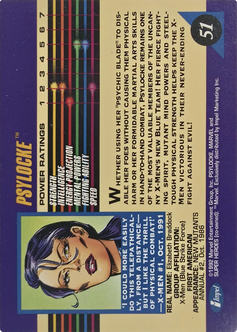 1992 Impel Marvel Universe Series III Psylocke #51, back