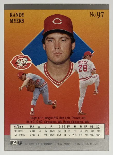 1991 Fleer Ultra Randy Myers #97 Cincinnati Reds back