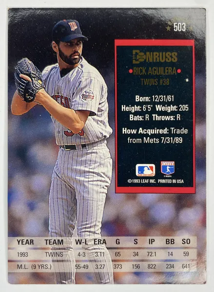 1994 Donruss Rick Aguilera #503 Minnesota Twins back