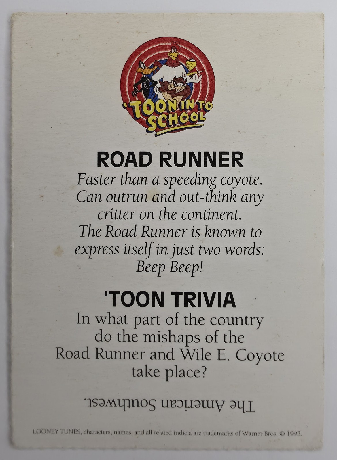 Road Runner 'Toon In To School card back