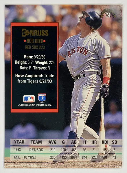 1994 Donruss Rob Deer #74 Boston Red Sox back