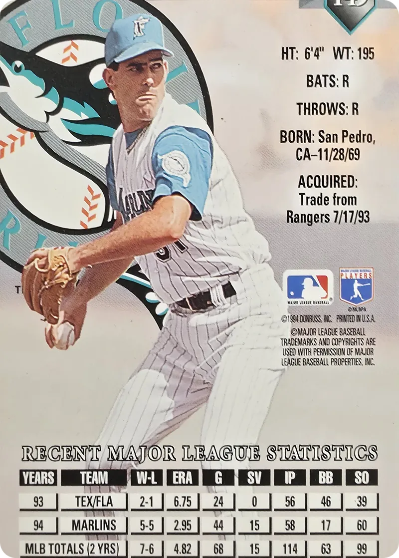 1995 Donruss Robb Nen #149 Florida Marlins, back