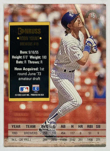 1994 Donruss Robin Yount #15 Milwaukee Brewers back
