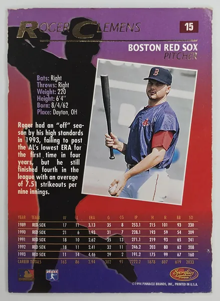 1994 Sportflics 2000 Roger Clemens #15 Boston Red Sox back