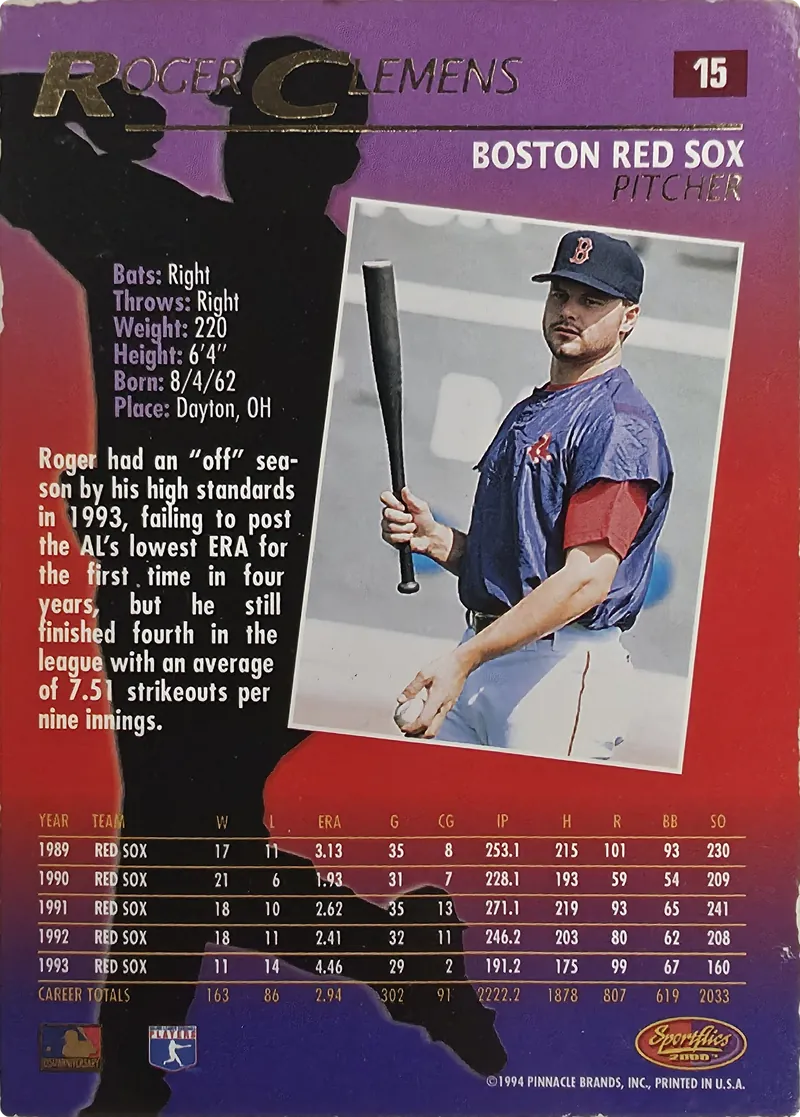 1994 Sportflics 2000 Roger Clemens #15 Boston Red Sox, back
