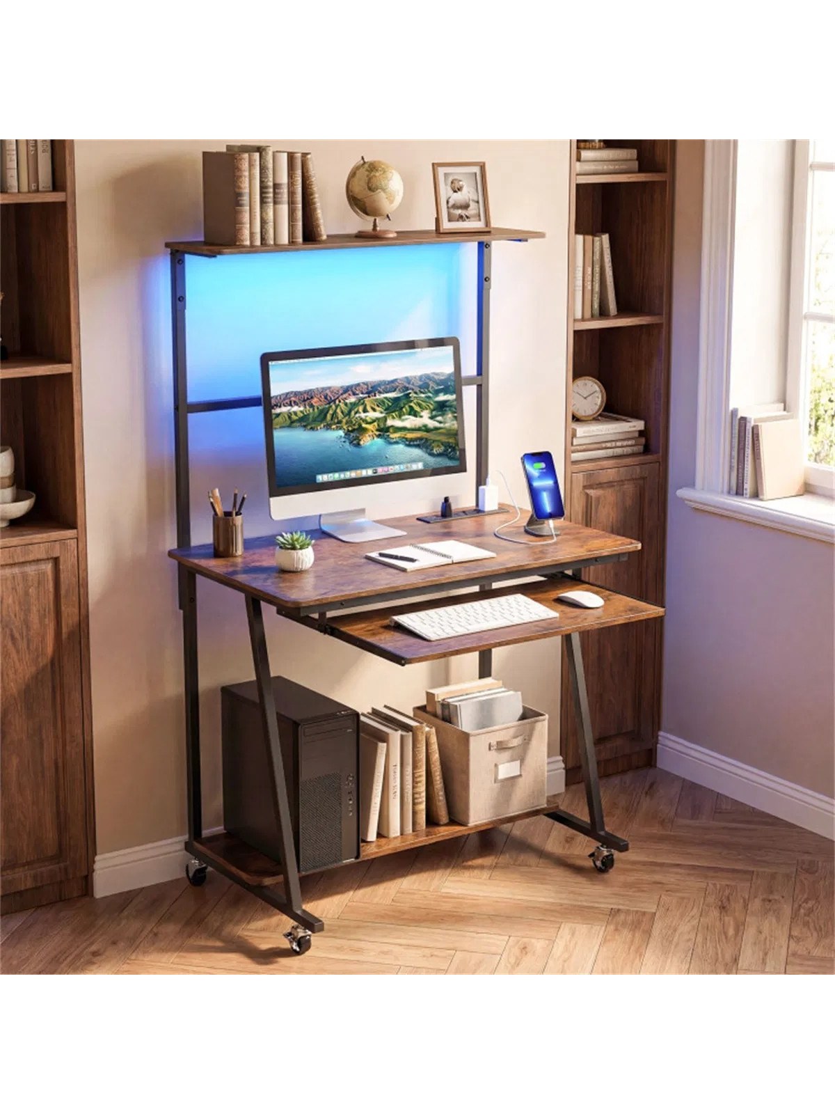 Rolling Computer Desk with RGB Light Strip and Built-in Charging Stati, photo 5