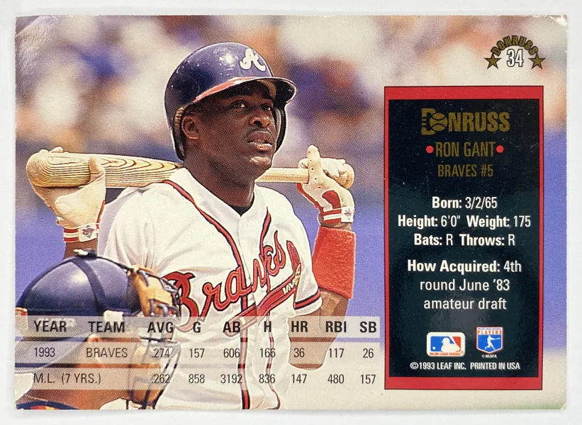 1994 Donruss Ron Gant #34 Atlanta Braves back