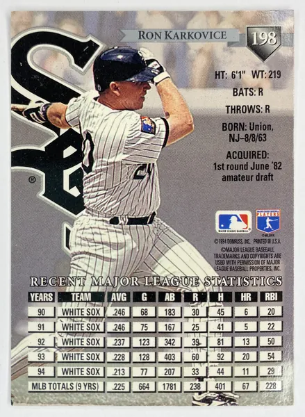 1995 Donruss Ron Karkovice #198 Chicago White Sox back